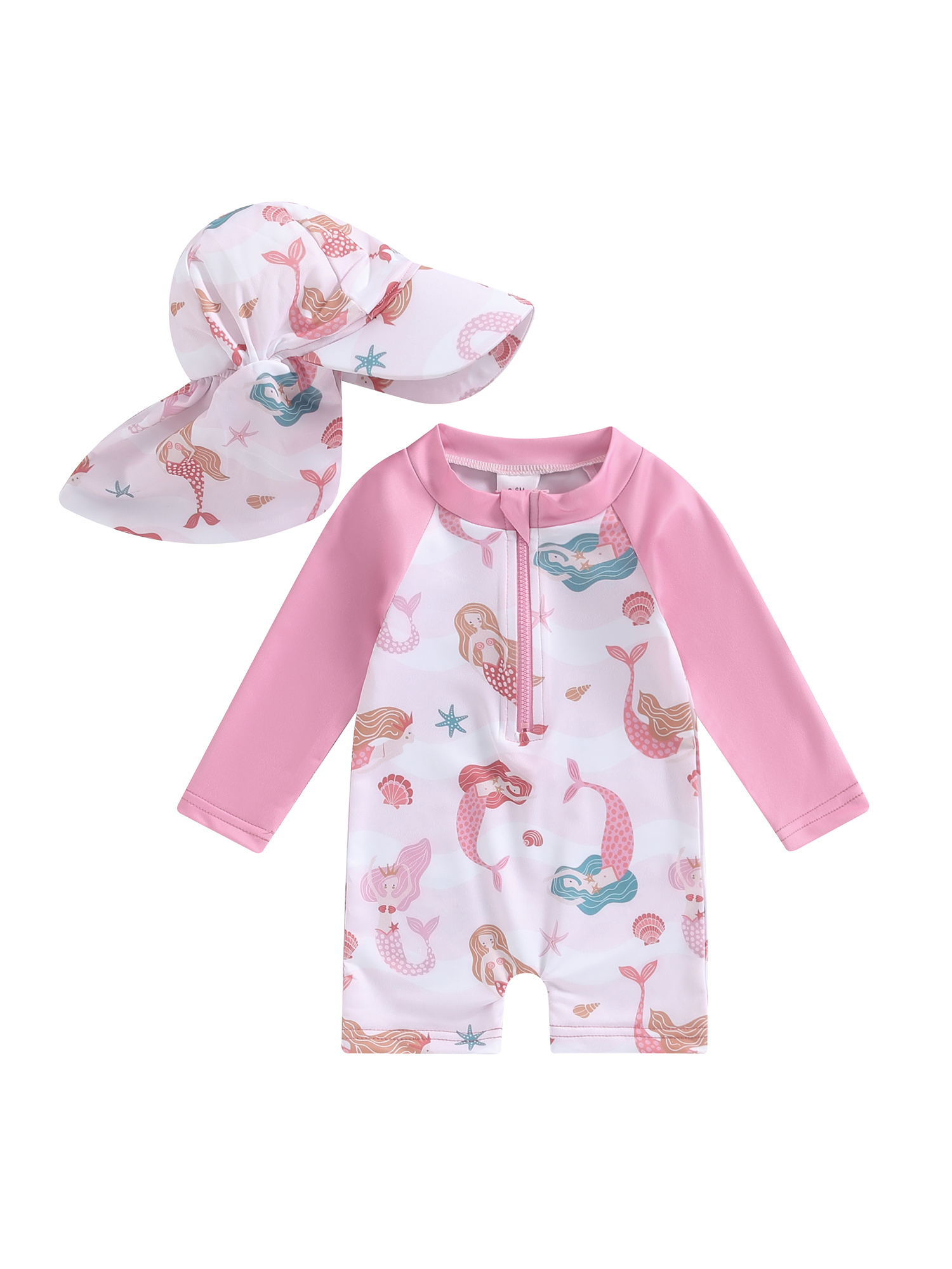 Qtinghua Infant Toddler Baby Girls Bathing Suit Sea Shell Print Long Sleeve Rash Guard Swimsuit with Sun Hat Beachwear